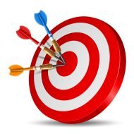 Red dart arrow hitting in the target center of dartboard Red dart arrow hitting in the target center of dartboard